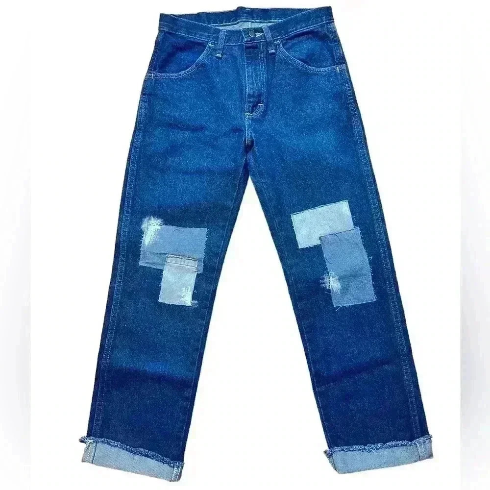 Vintage 90s Patched Rustler Dark Wash Denim Jeans Made in USA Size 28x25